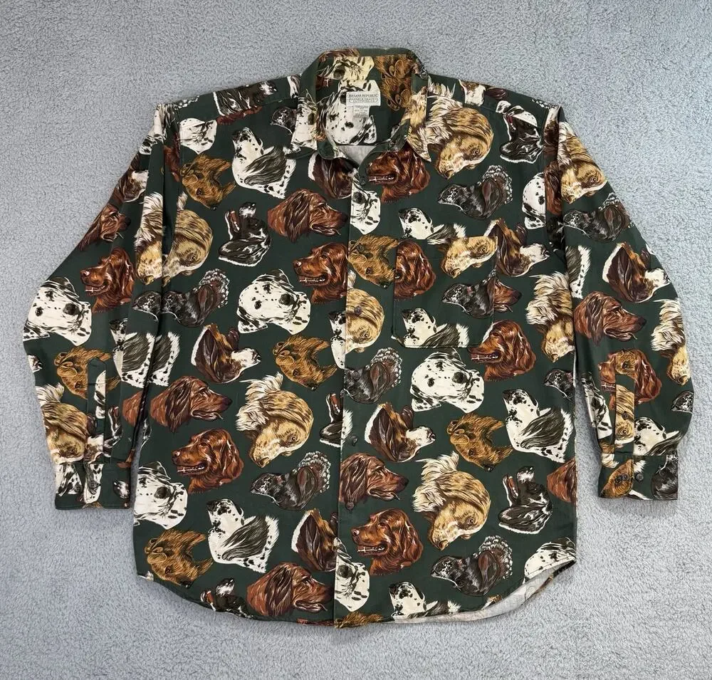 Vintage BANANA REPUBLIC SAFARI & TRAVEL DOG Men's Sz XL Long Sleeve Shirt